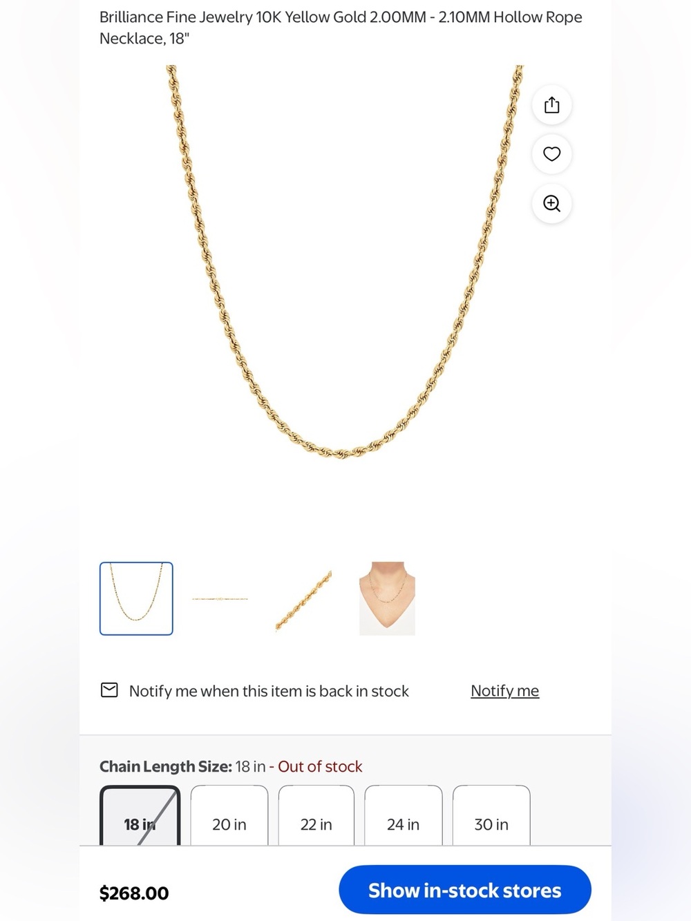 Brilliance 10K Yellow Gold Necklace 2.00MM - 2.10MM Hollow Rope Necklace 18 inch
